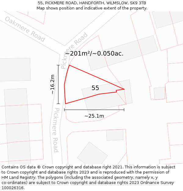 55, PICKMERE ROAD, HANDFORTH, WILMSLOW, SK9 3TB: Plot and title map