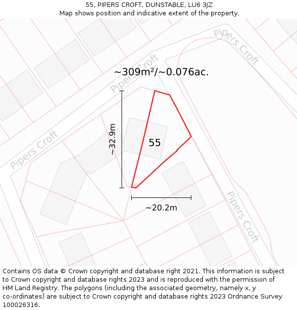 55, PIPERS CROFT, DUNSTABLE, LU6 3JZ: Plot and title map