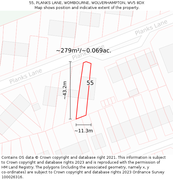 55, PLANKS LANE, WOMBOURNE, WOLVERHAMPTON, WV5 8DX: Plot and title map