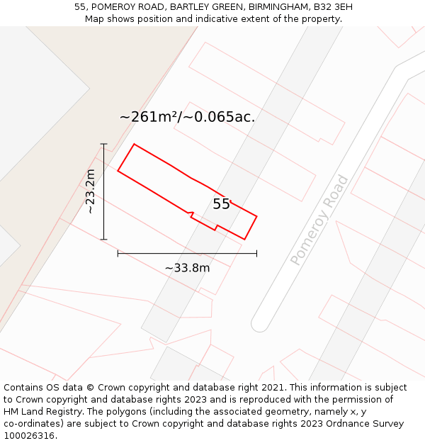 55, POMEROY ROAD, BARTLEY GREEN, BIRMINGHAM, B32 3EH: Plot and title map