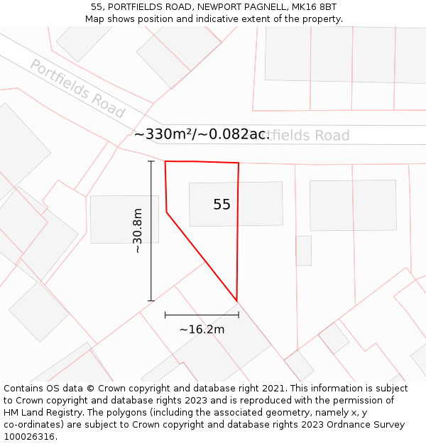 55, PORTFIELDS ROAD, NEWPORT PAGNELL, MK16 8BT: Plot and title map