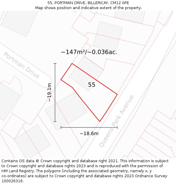 55, PORTMAN DRIVE, BILLERICAY, CM12 0PE: Plot and title map
