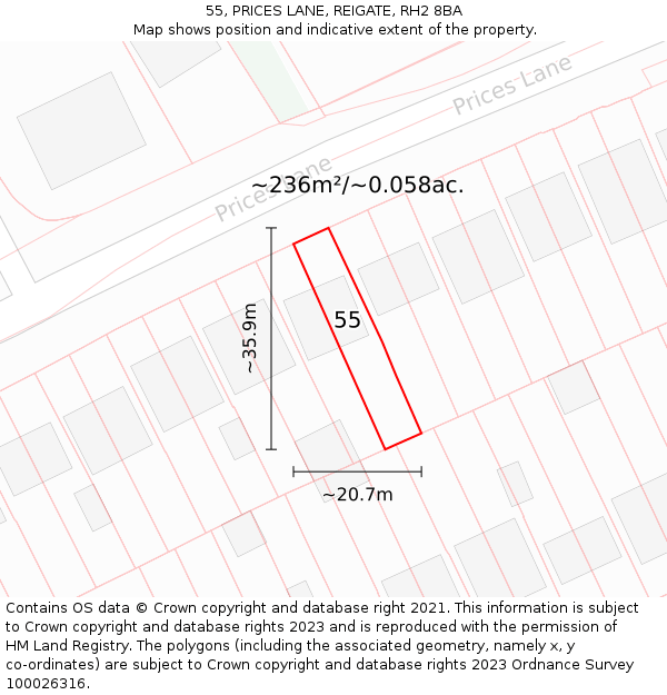 55, PRICES LANE, REIGATE, RH2 8BA: Plot and title map
