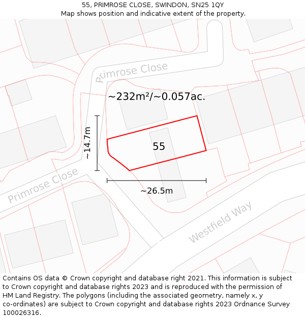 55, PRIMROSE CLOSE, SWINDON, SN25 1QY: Plot and title map