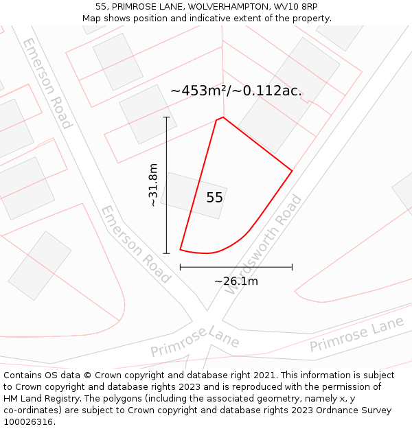 55, PRIMROSE LANE, WOLVERHAMPTON, WV10 8RP: Plot and title map