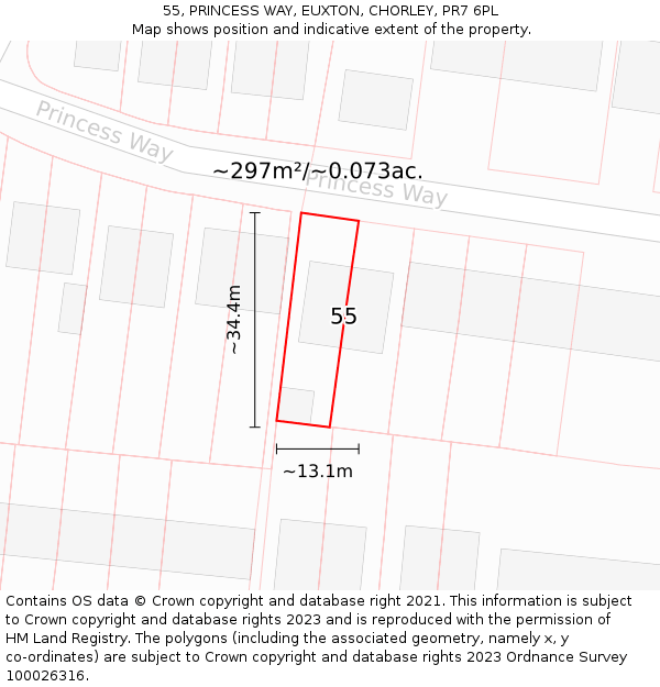 55, PRINCESS WAY, EUXTON, CHORLEY, PR7 6PL: Plot and title map