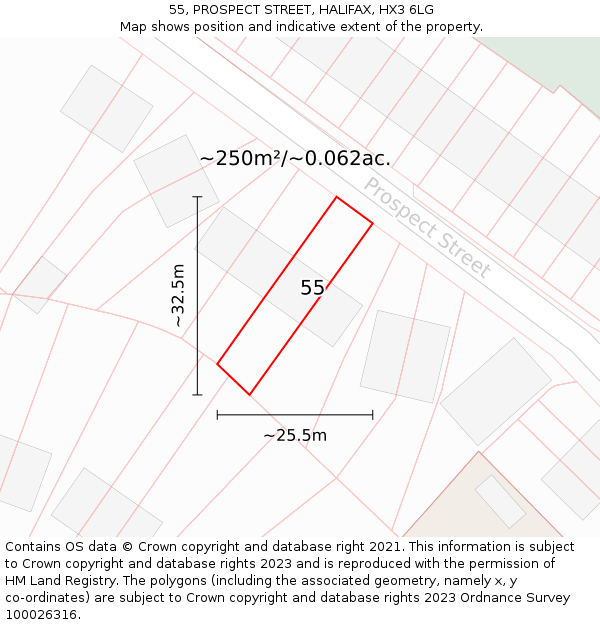 55, PROSPECT STREET, HALIFAX, HX3 6LG: Plot and title map