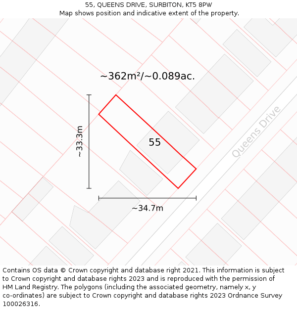 55, QUEENS DRIVE, SURBITON, KT5 8PW: Plot and title map