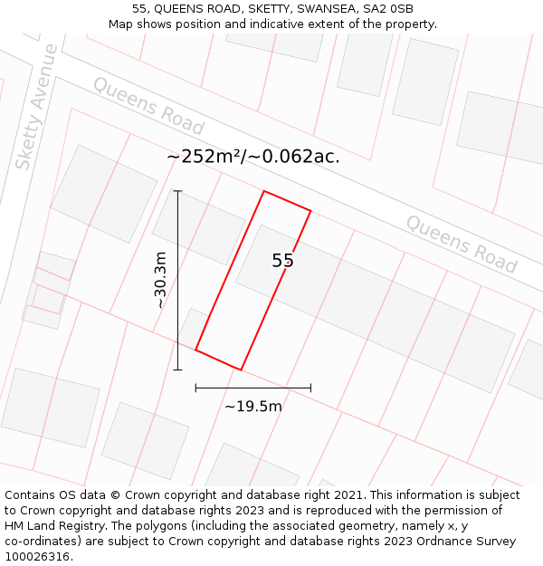 55, QUEENS ROAD, SKETTY, SWANSEA, SA2 0SB: Plot and title map