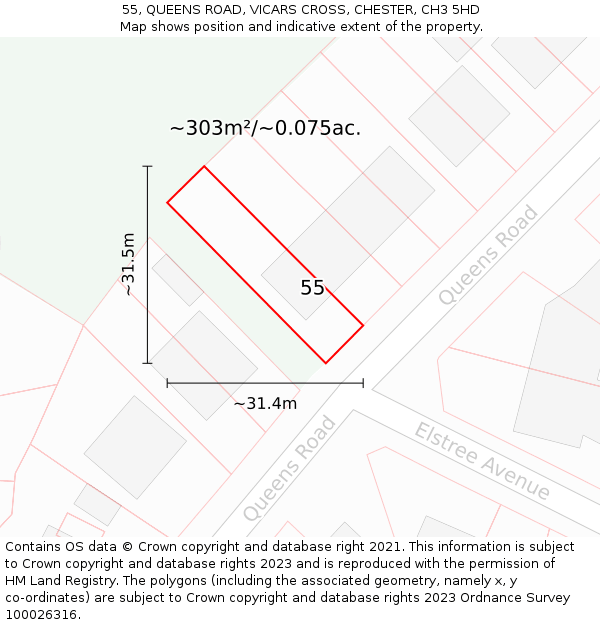 55, QUEENS ROAD, VICARS CROSS, CHESTER, CH3 5HD: Plot and title map