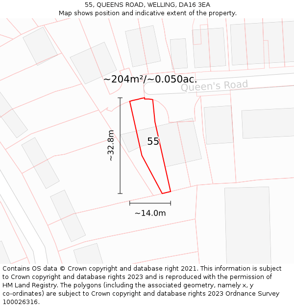55, QUEENS ROAD, WELLING, DA16 3EA: Plot and title map