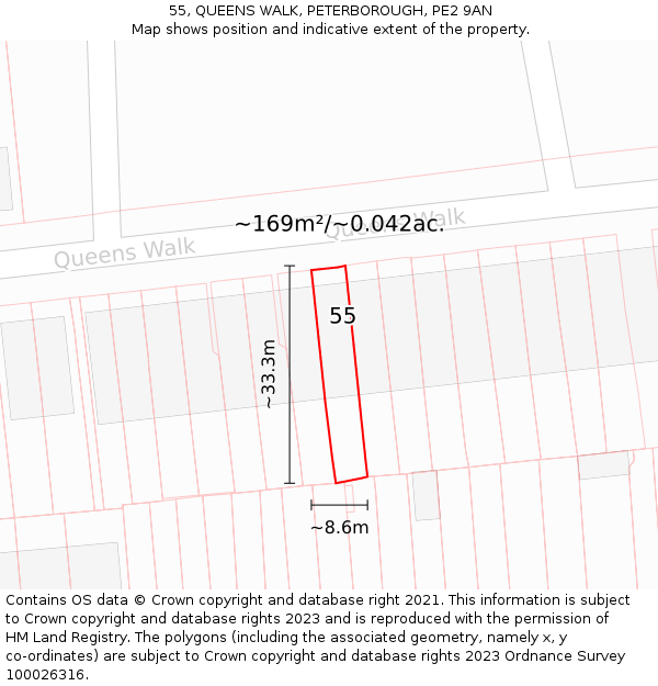 55, QUEENS WALK, PETERBOROUGH, PE2 9AN: Plot and title map