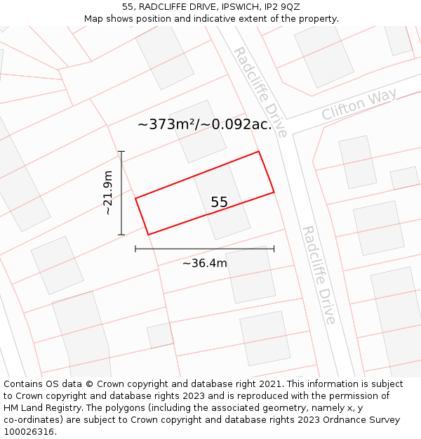 55, RADCLIFFE DRIVE, IPSWICH, IP2 9QZ: Plot and title map