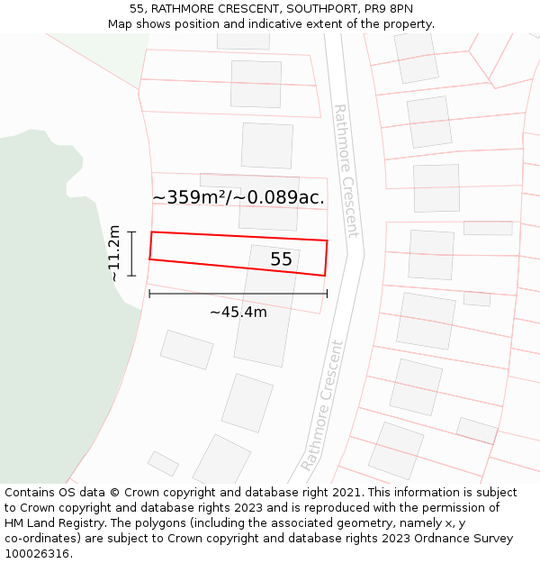 55, RATHMORE CRESCENT, SOUTHPORT, PR9 8PN: Plot and title map