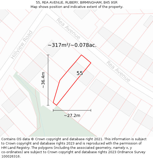 55, REA AVENUE, RUBERY, BIRMINGHAM, B45 9SR: Plot and title map