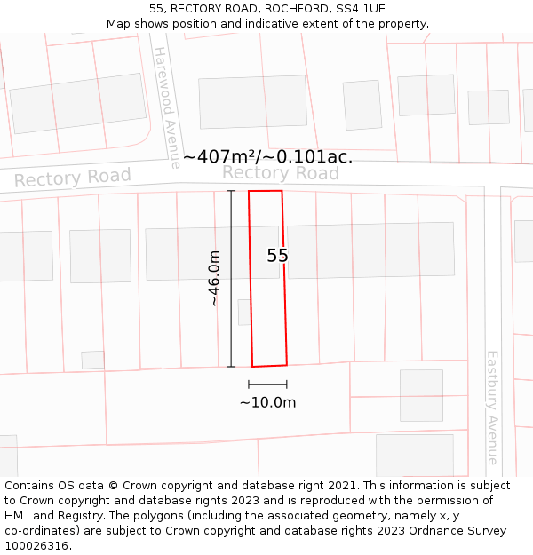 55, RECTORY ROAD, ROCHFORD, SS4 1UE: Plot and title map