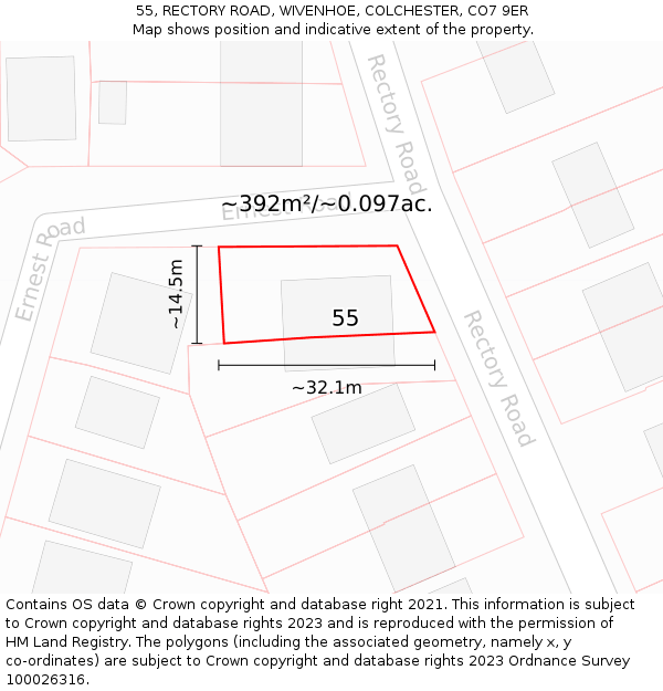 55, RECTORY ROAD, WIVENHOE, COLCHESTER, CO7 9ER: Plot and title map