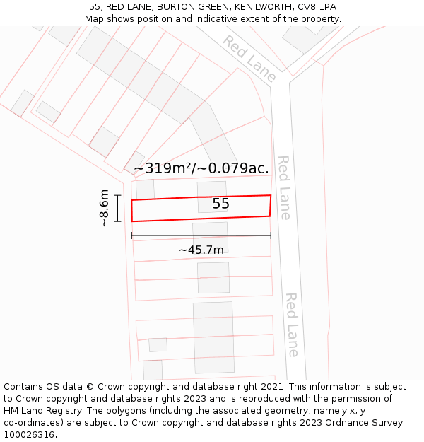 55, RED LANE, BURTON GREEN, KENILWORTH, CV8 1PA: Plot and title map