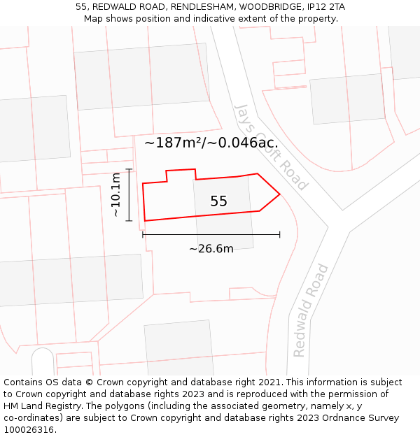 55, REDWALD ROAD, RENDLESHAM, WOODBRIDGE, IP12 2TA: Plot and title map