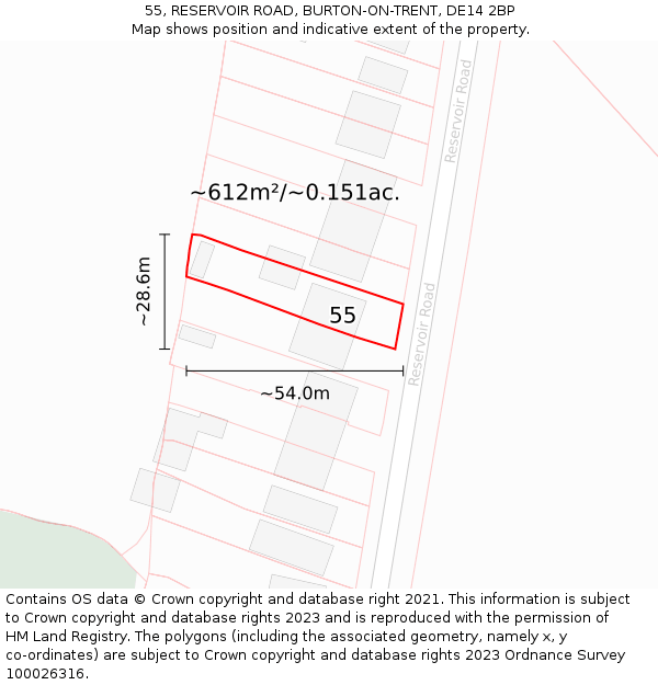 55, RESERVOIR ROAD, BURTON-ON-TRENT, DE14 2BP: Plot and title map