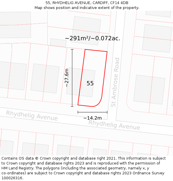 55, RHYDHELIG AVENUE, CARDIFF, CF14 4DB: Plot and title map