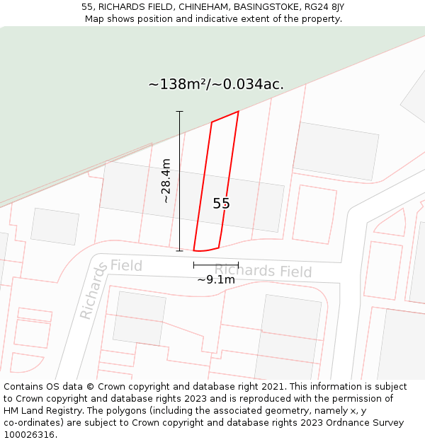 55, RICHARDS FIELD, CHINEHAM, BASINGSTOKE, RG24 8JY: Plot and title map
