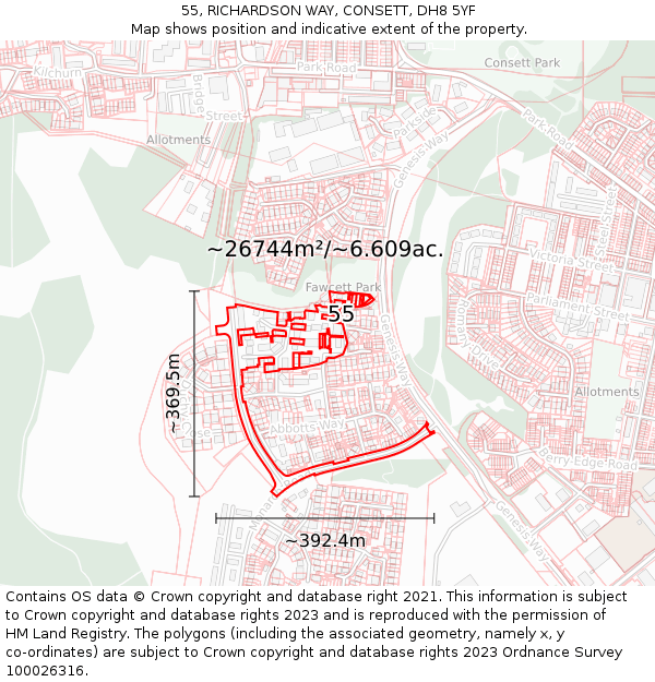 55, RICHARDSON WAY, CONSETT, DH8 5YF: Plot and title map