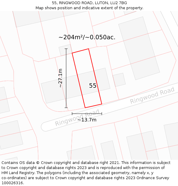 55, RINGWOOD ROAD, LUTON, LU2 7BG: Plot and title map