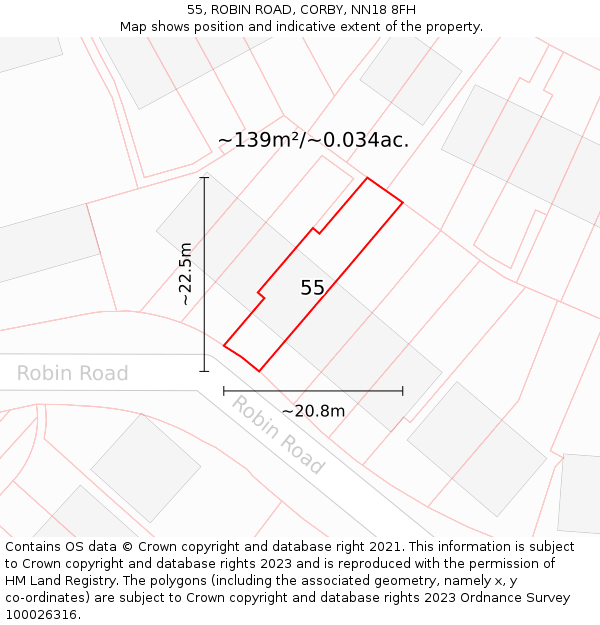 55, ROBIN ROAD, CORBY, NN18 8FH: Plot and title map