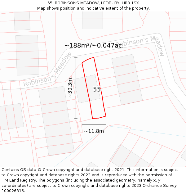 55, ROBINSONS MEADOW, LEDBURY, HR8 1SX: Plot and title map