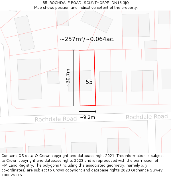 55, ROCHDALE ROAD, SCUNTHORPE, DN16 3JQ: Plot and title map