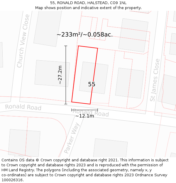 55, RONALD ROAD, HALSTEAD, CO9 1NL: Plot and title map