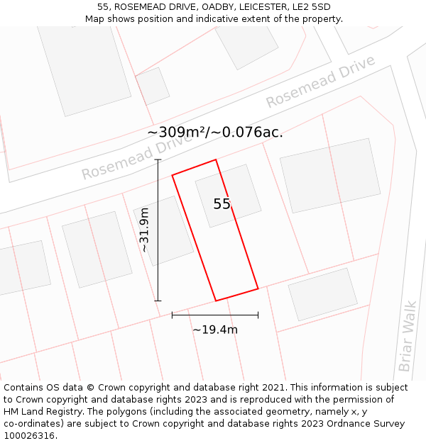 55, ROSEMEAD DRIVE, OADBY, LEICESTER, LE2 5SD: Plot and title map