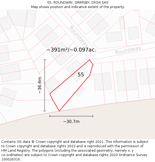 55, ROUNDWAY, GRIMSBY, DN34 5AS: Plot and title map