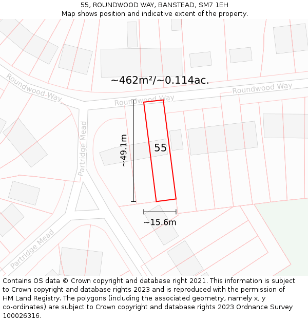 55, ROUNDWOOD WAY, BANSTEAD, SM7 1EH: Plot and title map