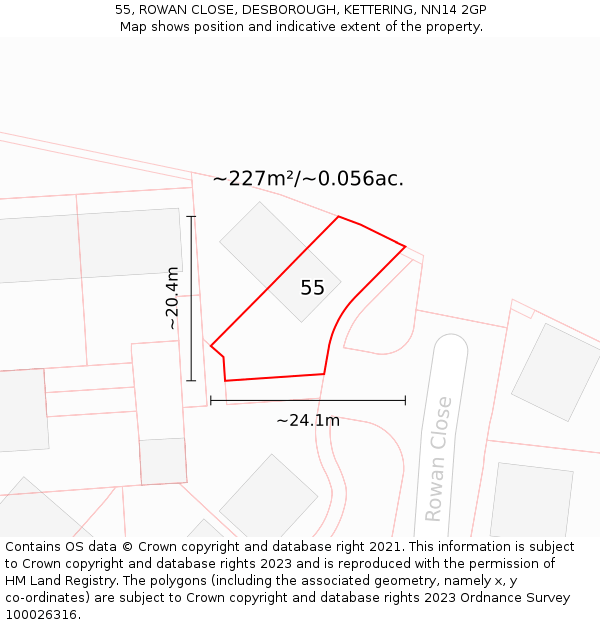 55, ROWAN CLOSE, DESBOROUGH, KETTERING, NN14 2GP: Plot and title map