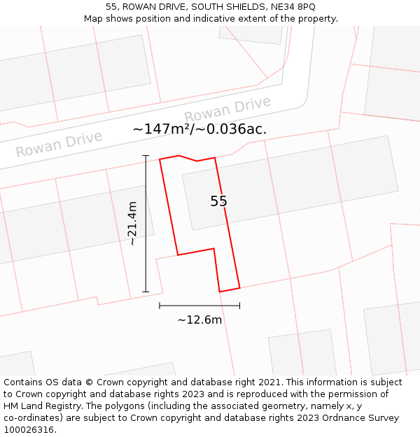 55, ROWAN DRIVE, SOUTH SHIELDS, NE34 8PQ: Plot and title map