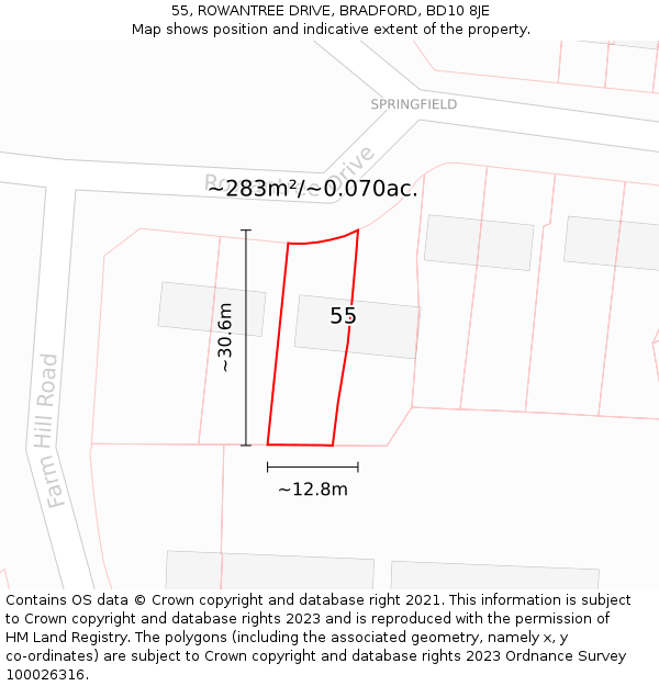 55, ROWANTREE DRIVE, BRADFORD, BD10 8JE: Plot and title map