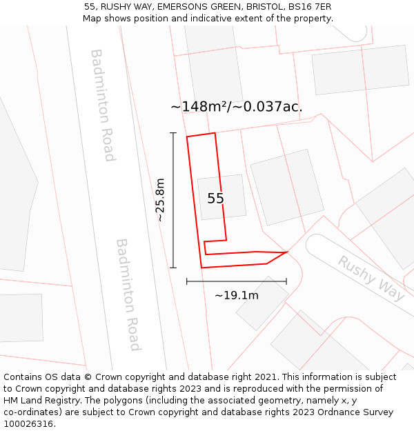 55, RUSHY WAY, EMERSONS GREEN, BRISTOL, BS16 7ER: Plot and title map