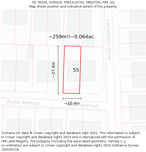 55, RYDAL AVENUE, FRECKLETON, PRESTON, PR4 1DJ: Plot and title map