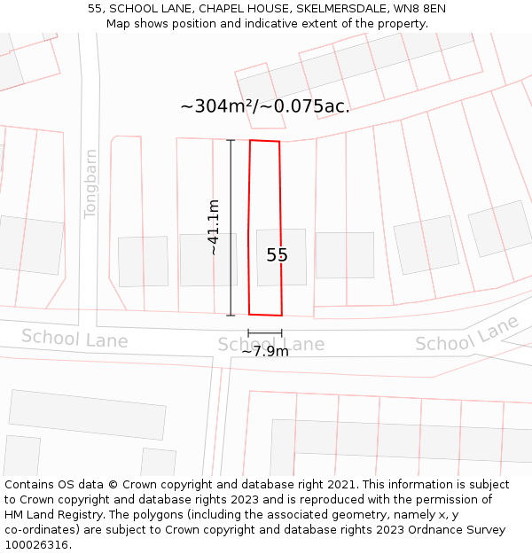 55, SCHOOL LANE, CHAPEL HOUSE, SKELMERSDALE, WN8 8EN: Plot and title map