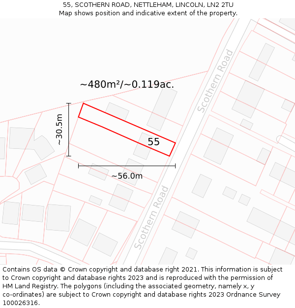 55, SCOTHERN ROAD, NETTLEHAM, LINCOLN, LN2 2TU: Plot and title map