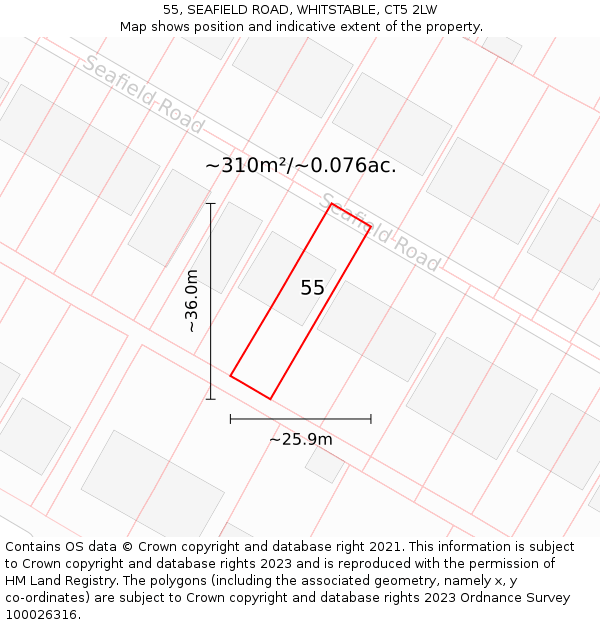 55, SEAFIELD ROAD, WHITSTABLE, CT5 2LW: Plot and title map