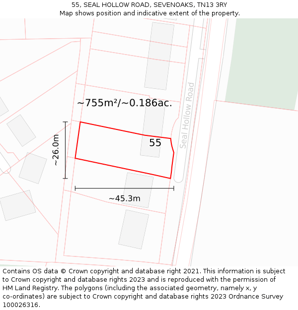 55, SEAL HOLLOW ROAD, SEVENOAKS, TN13 3RY: Plot and title map