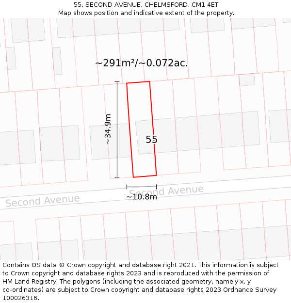 55, SECOND AVENUE, CHELMSFORD, CM1 4ET: Plot and title map