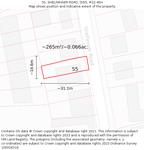 55, SHELFANGER ROAD, DISS, IP22 4EH: Plot and title map