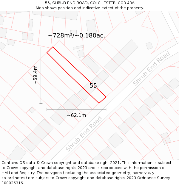 55, SHRUB END ROAD, COLCHESTER, CO3 4RA: Plot and title map