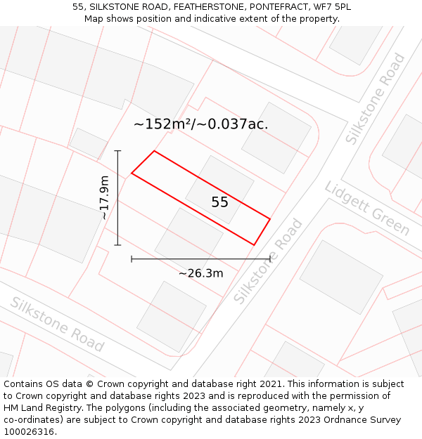 55, SILKSTONE ROAD, FEATHERSTONE, PONTEFRACT, WF7 5PL: Plot and title map