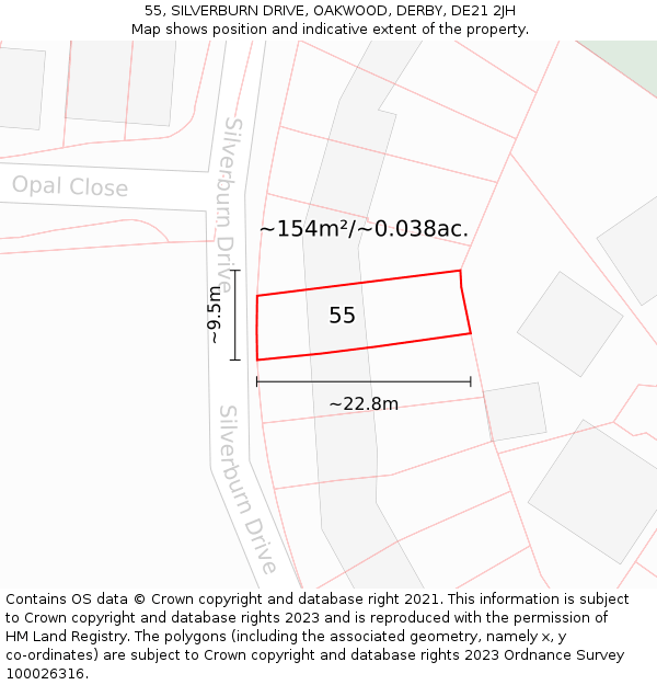 55, SILVERBURN DRIVE, OAKWOOD, DERBY, DE21 2JH: Plot and title map