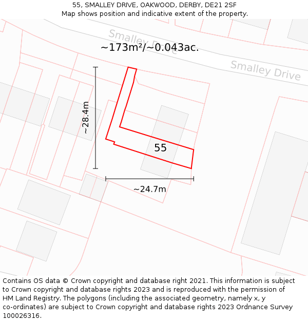 55, SMALLEY DRIVE, OAKWOOD, DERBY, DE21 2SF: Plot and title map